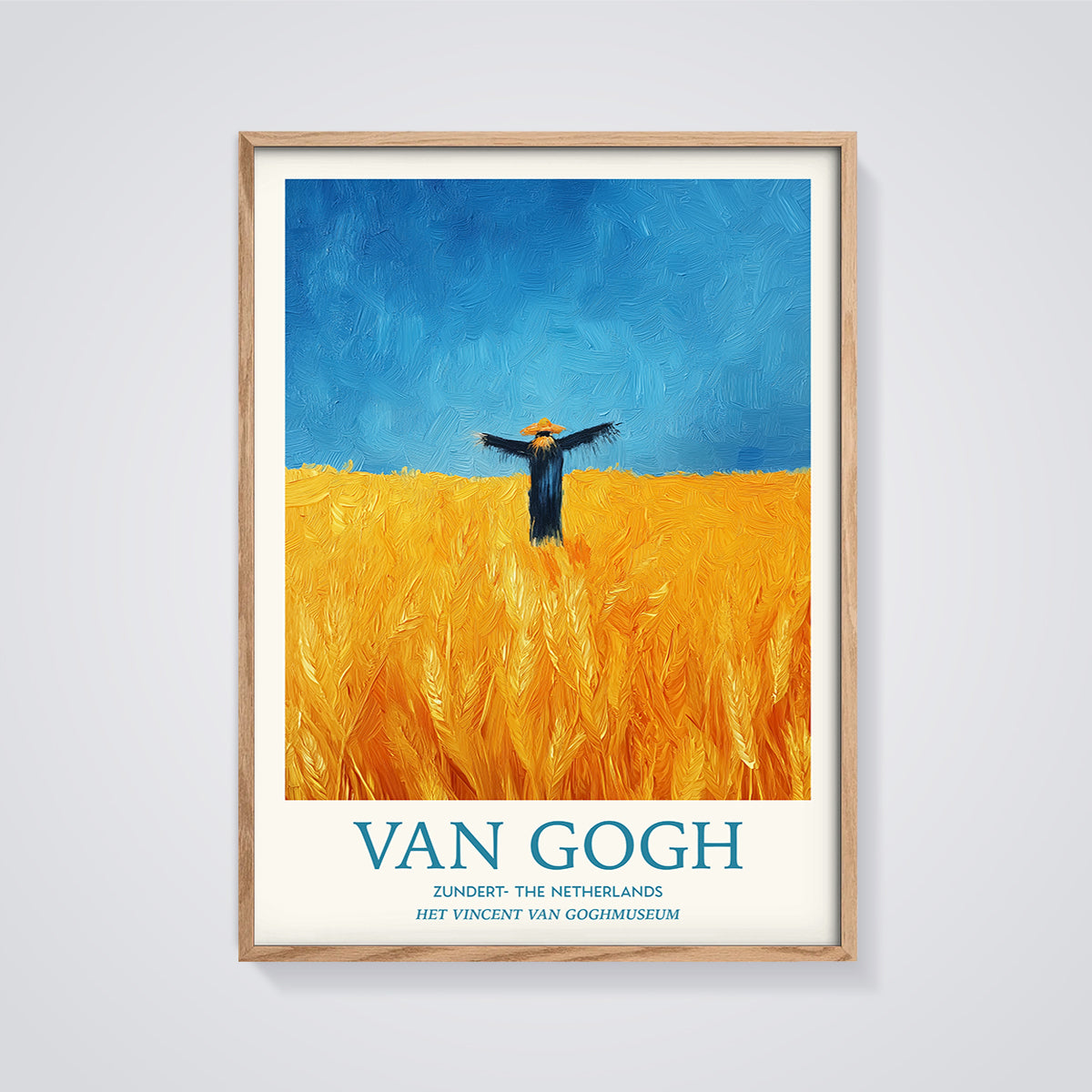 Van Gogh Scarecrow in Wheat Field Print framed in oak on a grey background