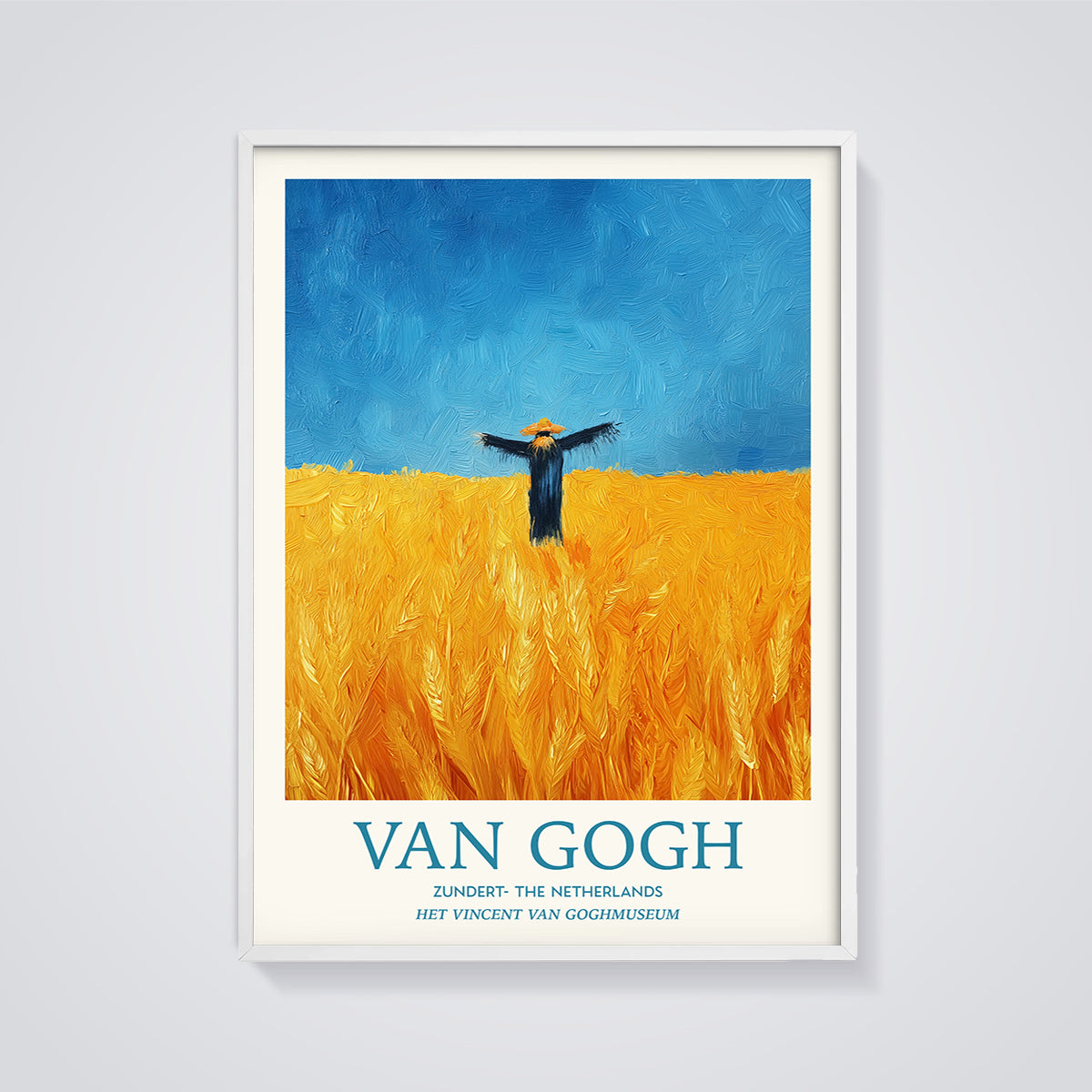 Van Gogh Scarecrow in Wheat Field Print framed in white on a grey background