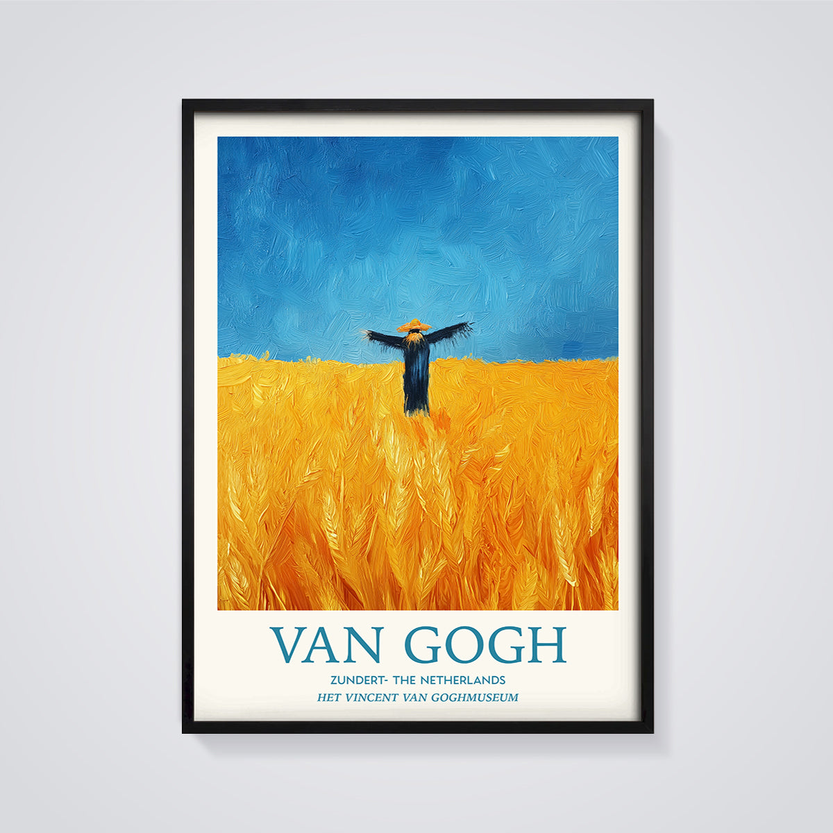 Van Gogh Scarecrow in Wheat Field Print framed in black on a grey background