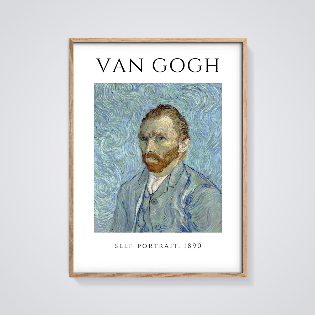 Van Gogh Self-Portrait 1890 Print framed in oak on a grey background