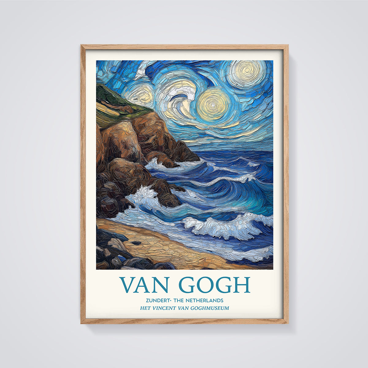 Van Gogh Starry Coast Print framed in oak on a grey background