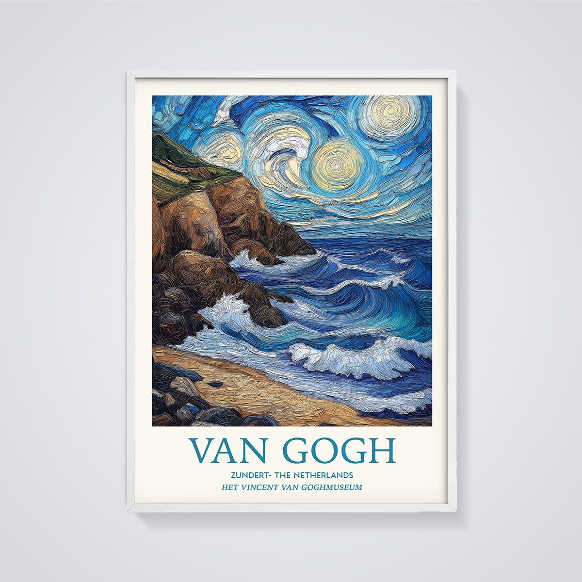 Van Gogh Starry Coast Print framed in white on a grey background
