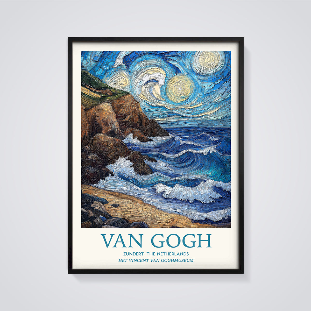 Van Gogh Starry Coast Print framed in black on a grey background