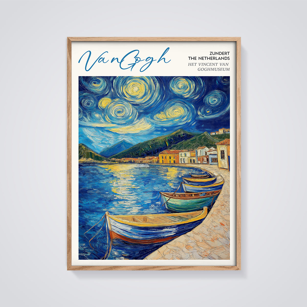 Van Gogh Starry Harbor Print framed in oak on a grey background