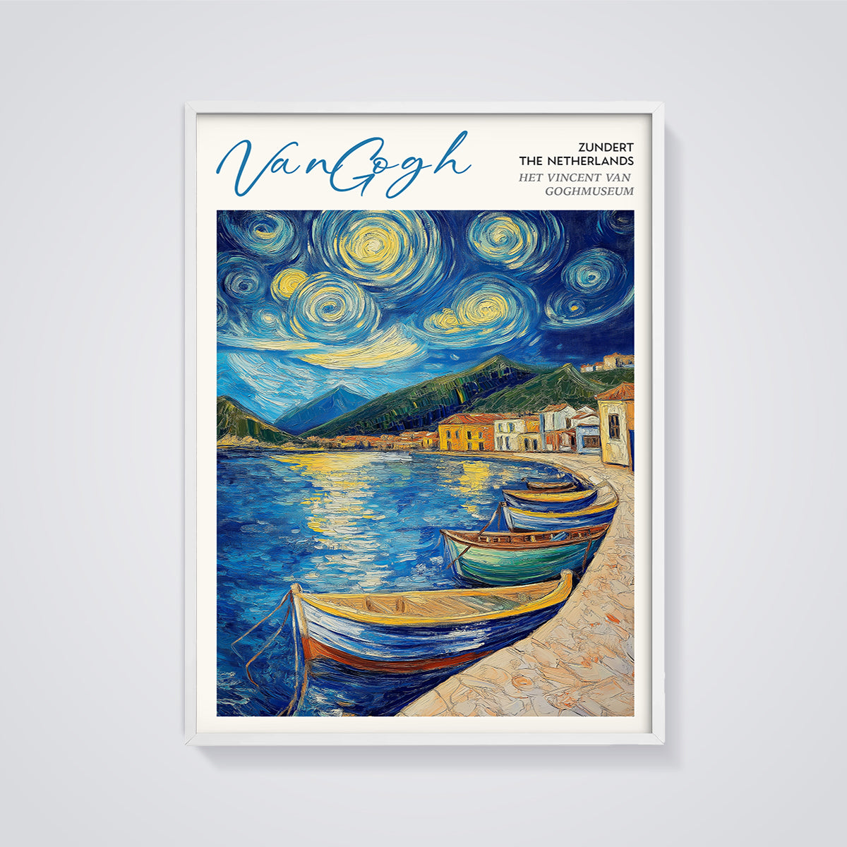 Van Gogh Starry Harbor Print framed in white on a grey background