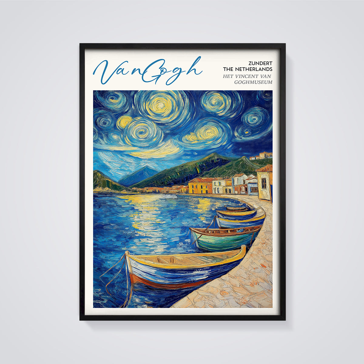 Van Gogh Starry Harbor Print framed in black on a grey background