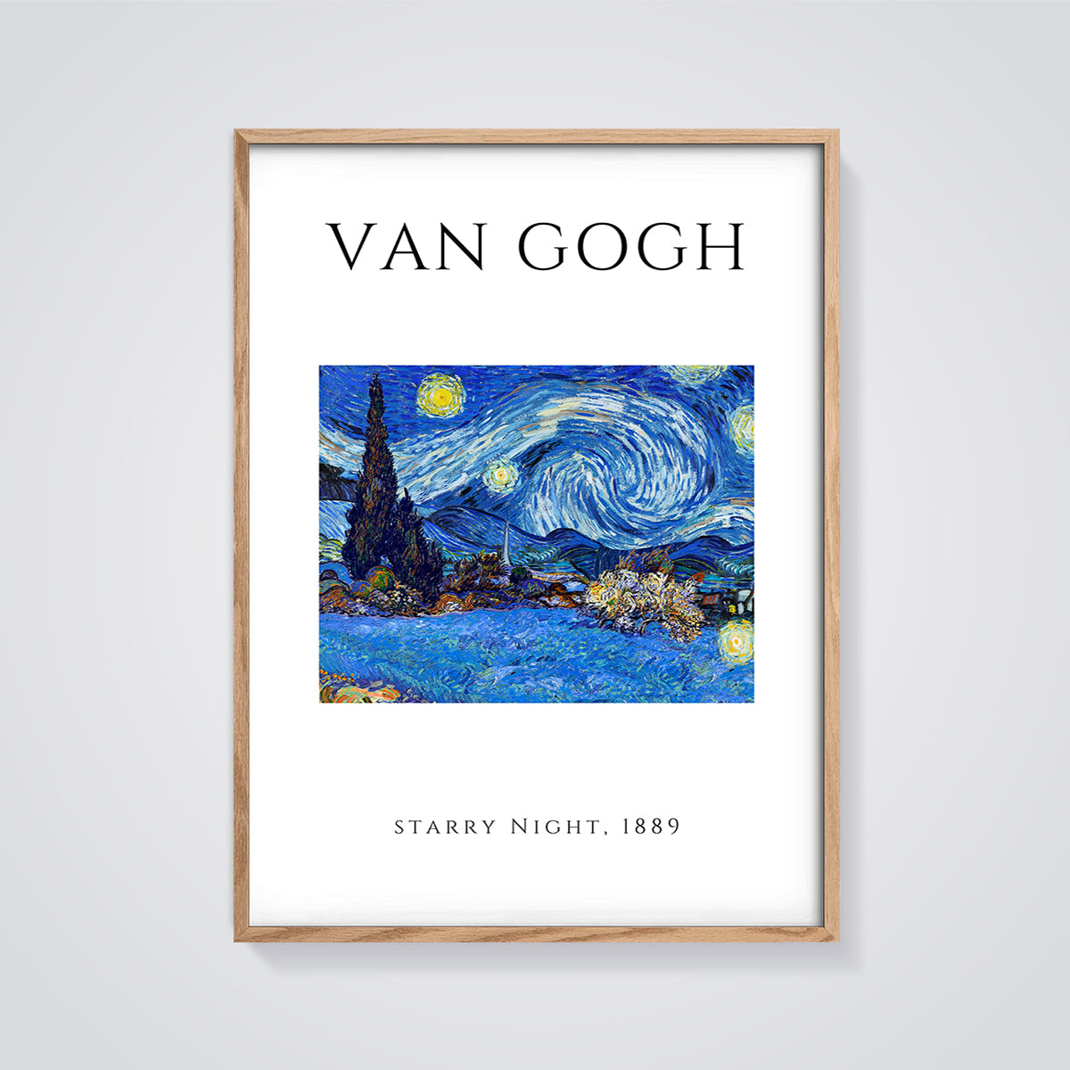 Van Gogh Starry Night 1889 Print framed in oak on a grey background