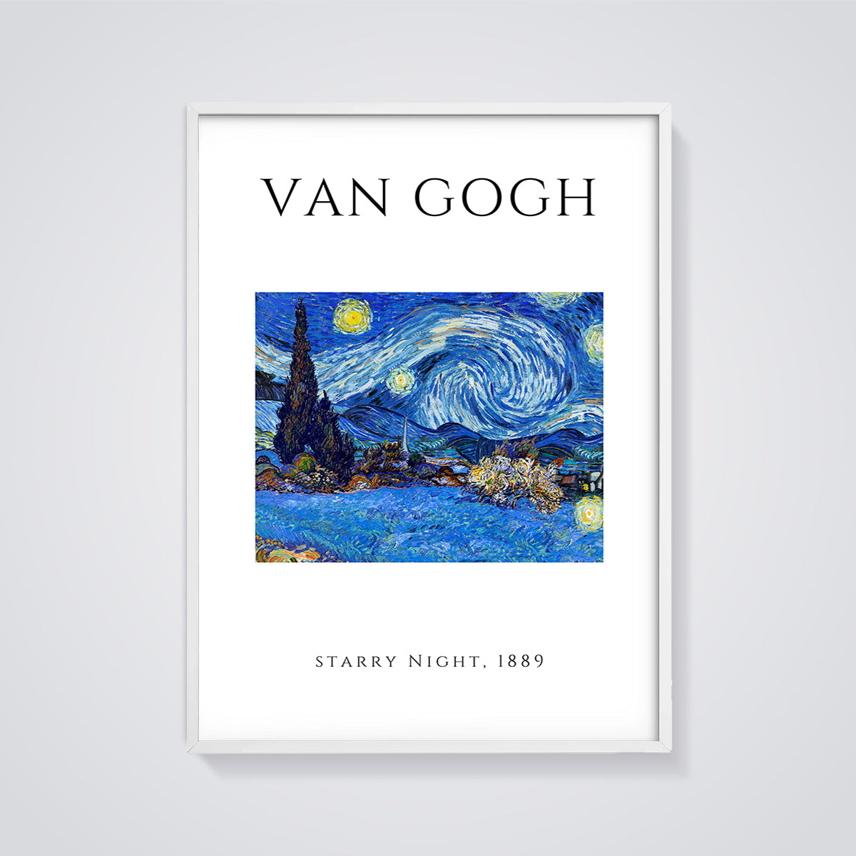 Van Gogh Starry Night 1889 Print framed in white on a grey background