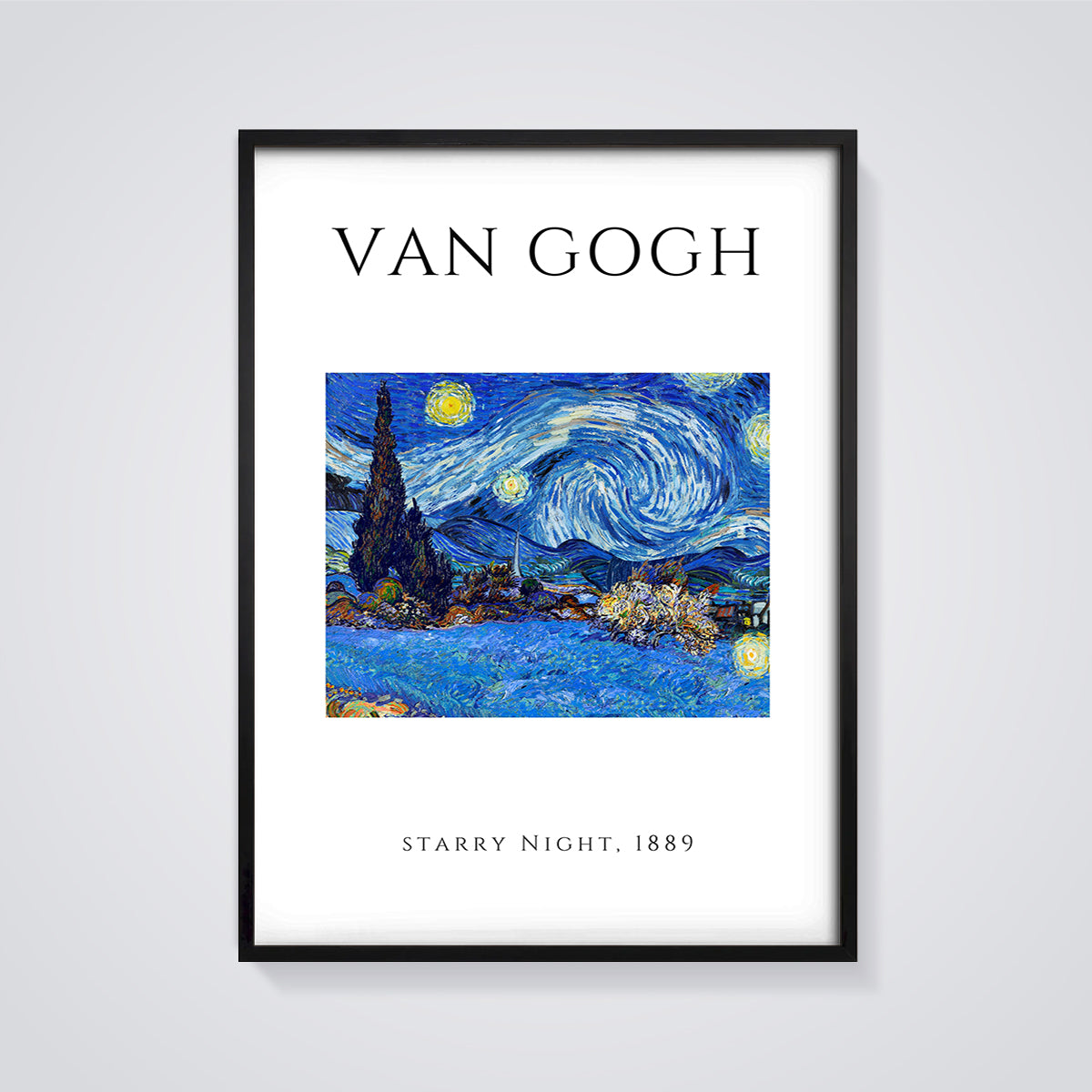 Van Gogh Starry Night 1889 Print framed in black on a grey background