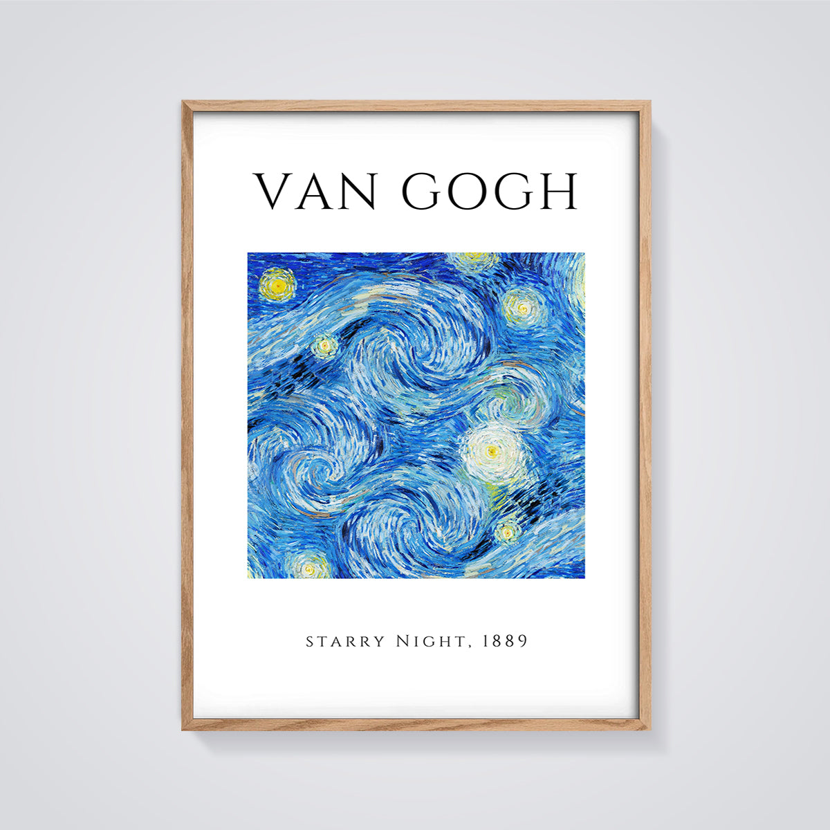 Van Gogh Starry Night Print framed in oak on a grey background
