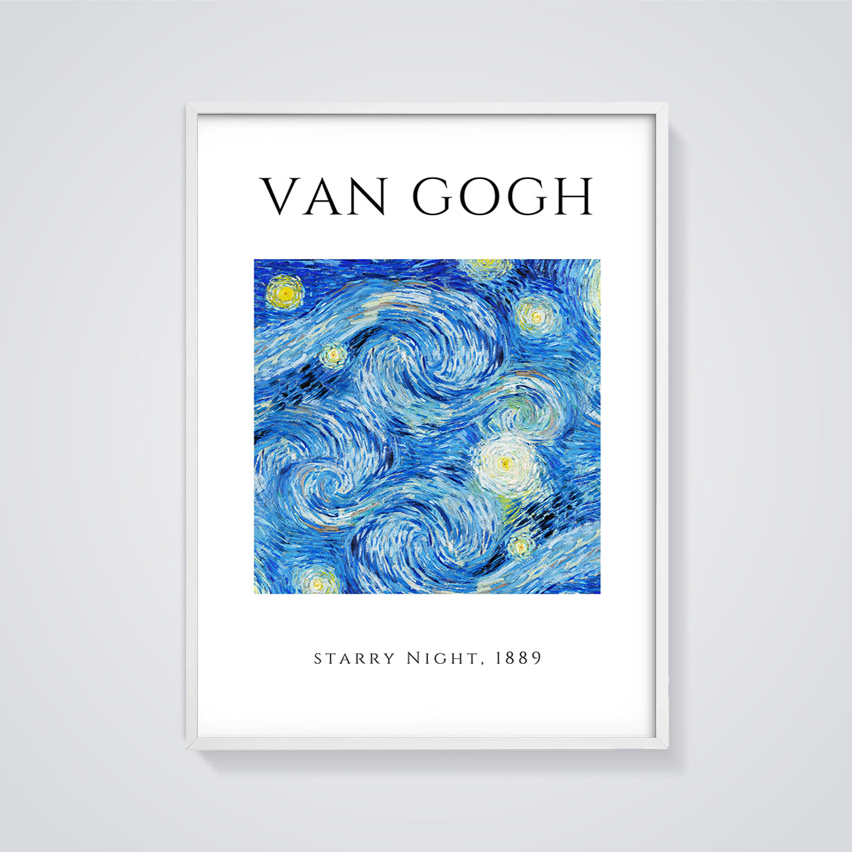 Van Gogh Starry Night Print framed in white on a grey background