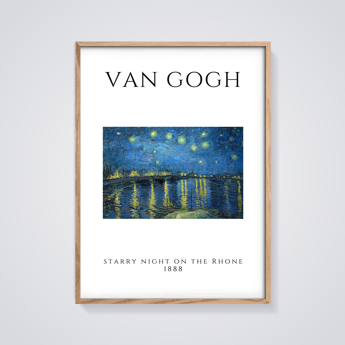 Van Gogh Starry Night on the Rhone Print framed in oak on a grey background