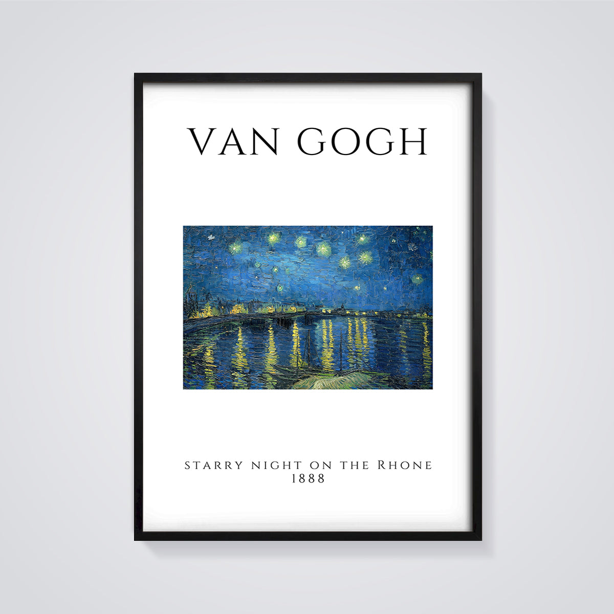 Van Gogh Starry Night on the Rhone Print framed in black on a grey background