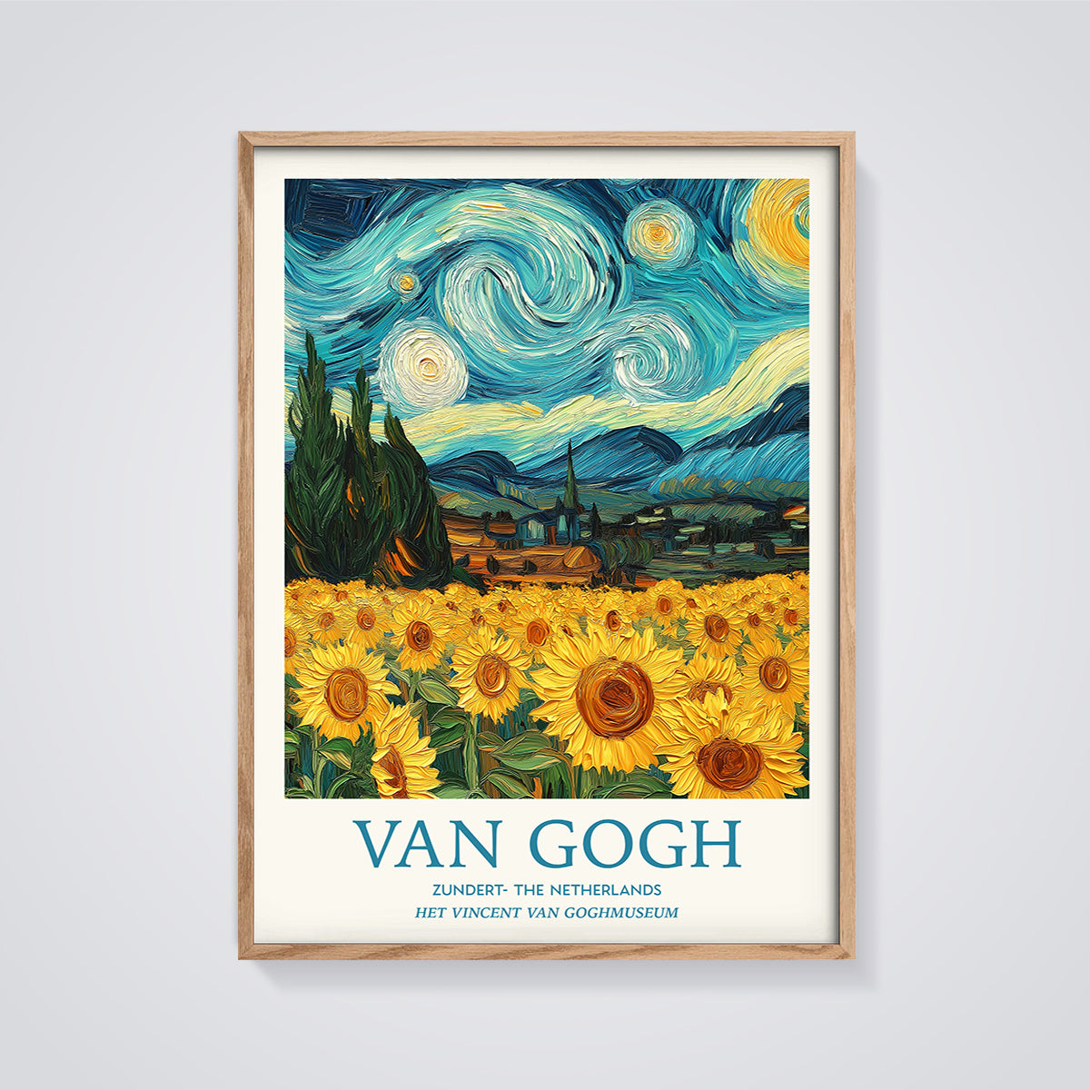 Van Gogh Starry Sunflowers Field Print framed in oak on a grey background
