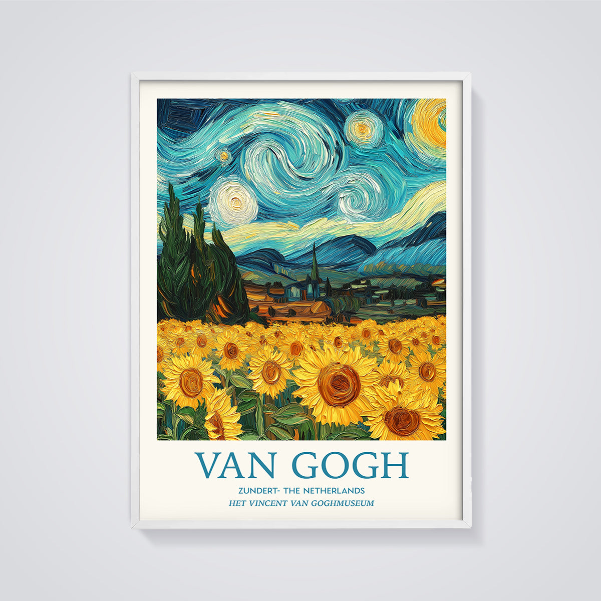Van Gogh Starry Sunflowers Field Print framed in white on a grey background