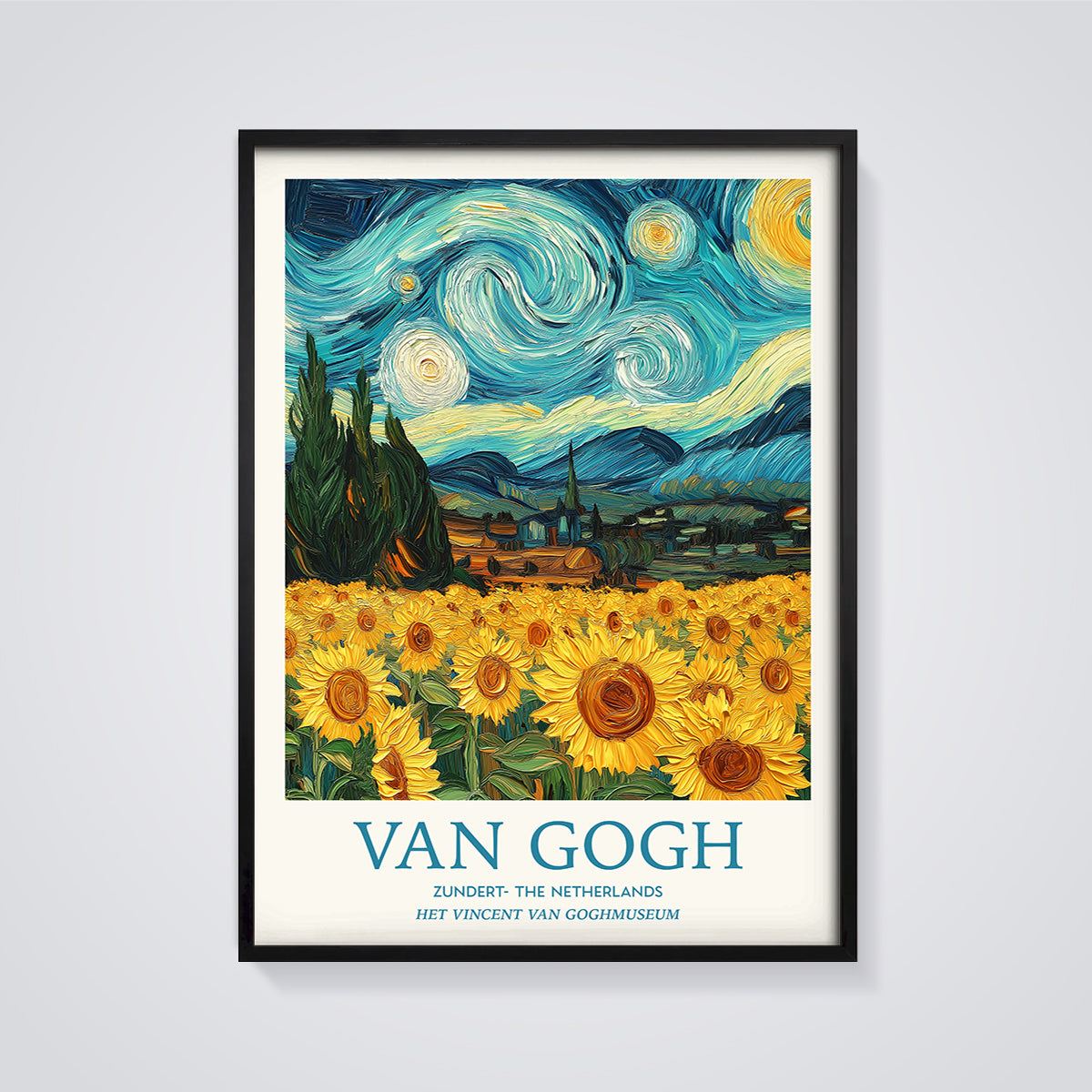 Van Gogh Starry Sunflowers Field Print framed in black on a grey background