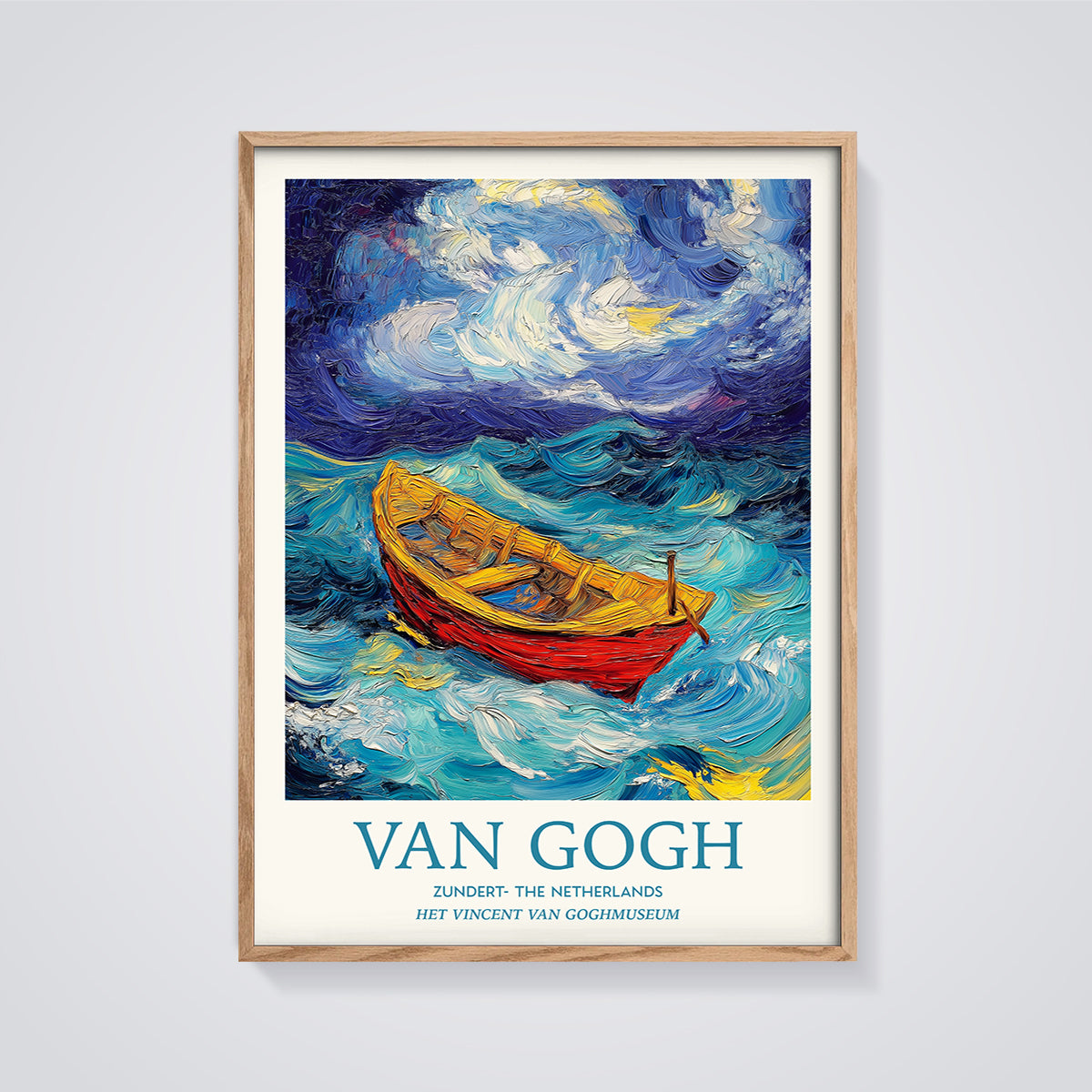 Van Gogh Style Red Boat Print framed in oak on a grey background