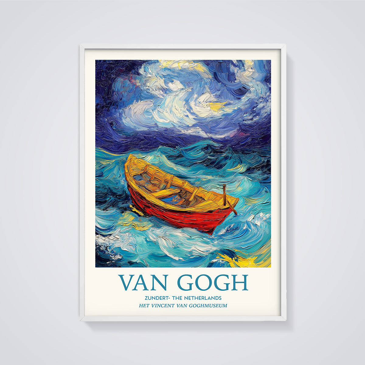 Van Gogh Style Red Boat Print framed in white on a grey background