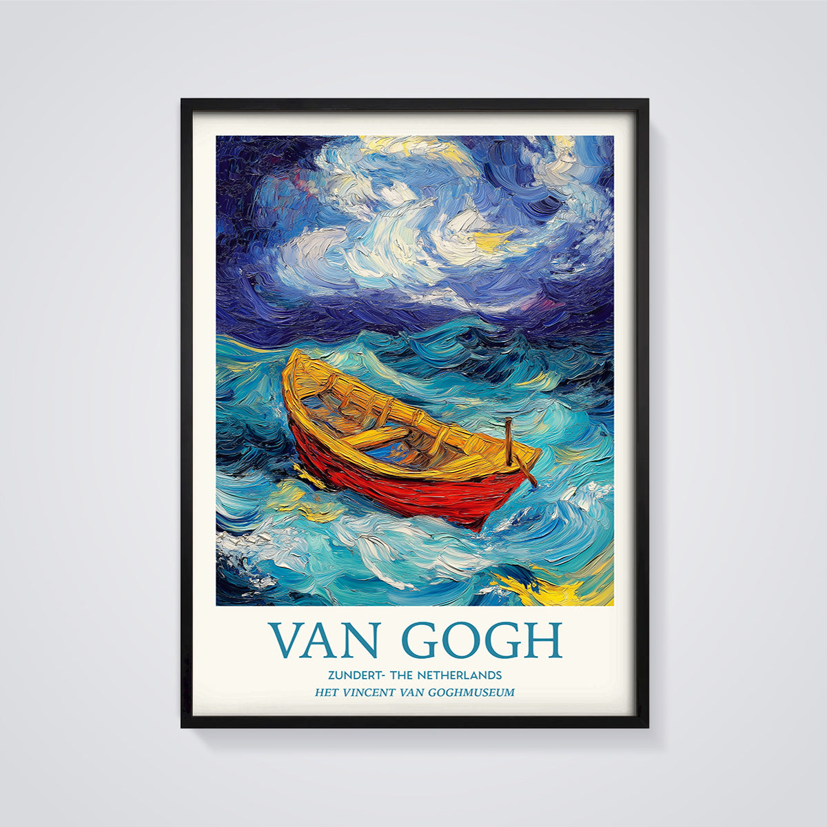 Van Gogh Style Red Boat Print framed in black on a grey background