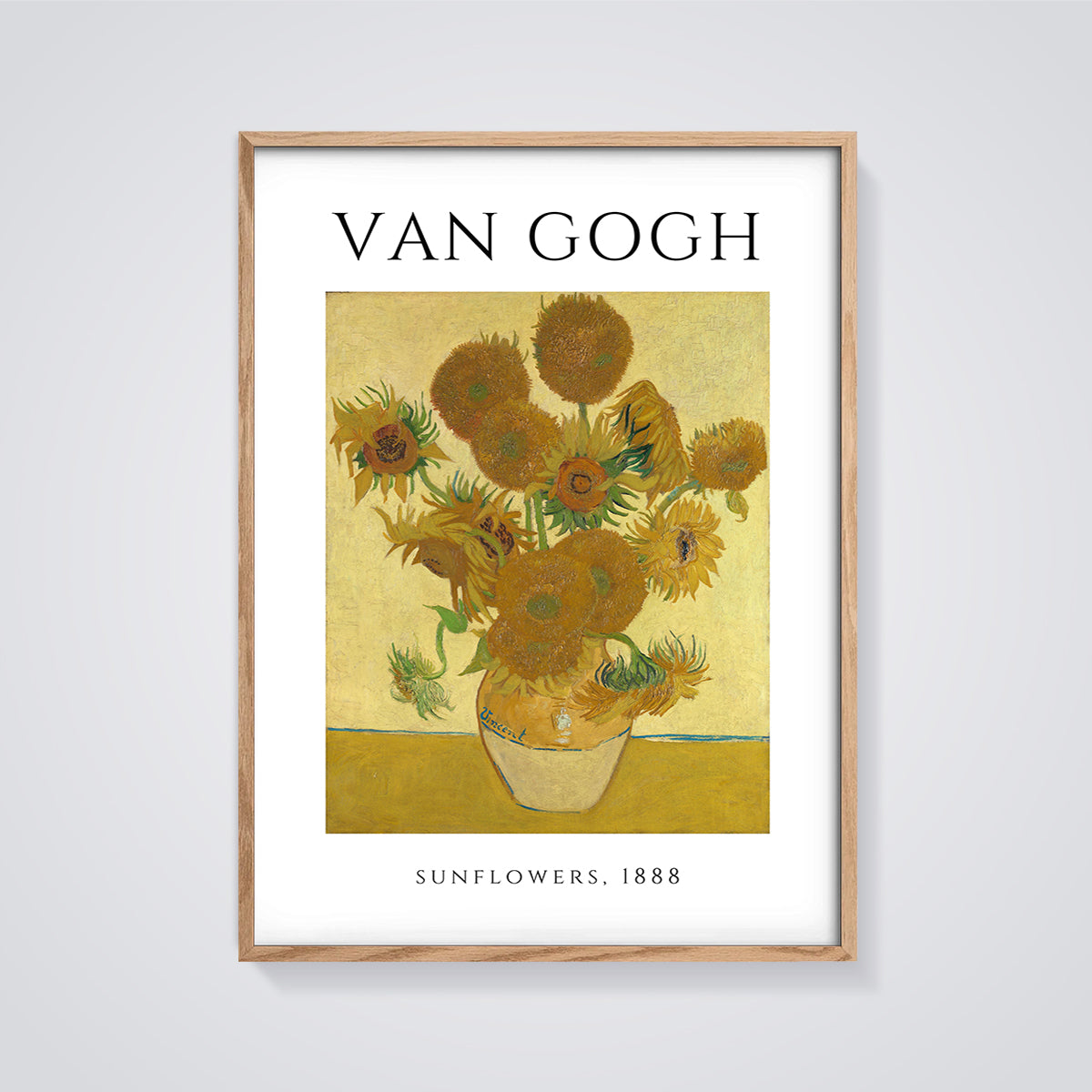 Van Gogh Sunflowers 1888 Print framed in oak on a grey background