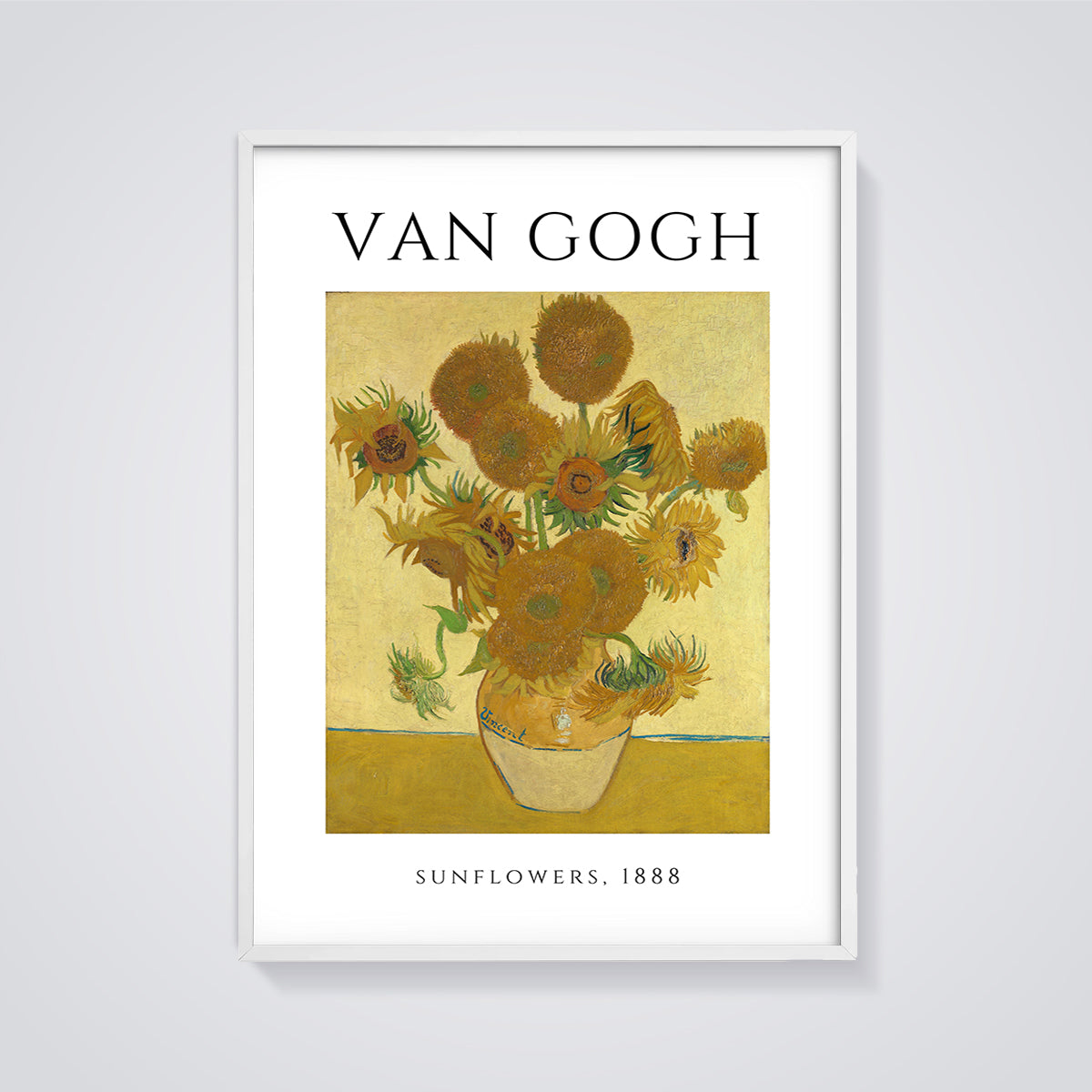 Van Gogh Sunflowers 1888 Print framed in white on a grey background