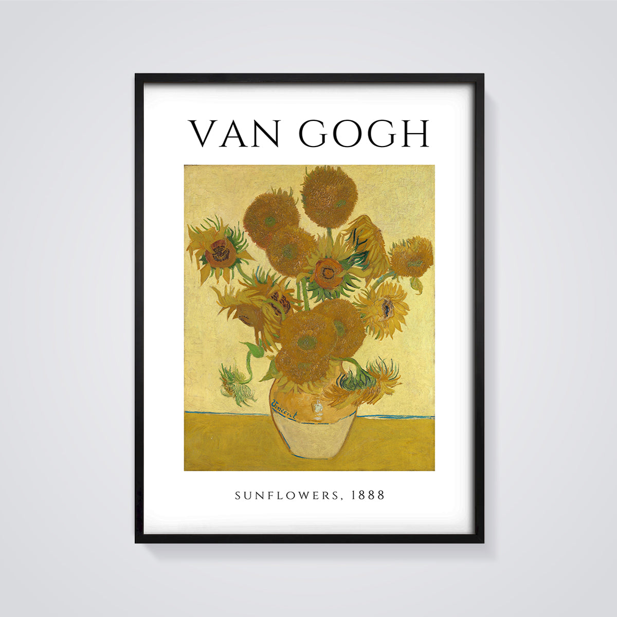 Van Gogh Sunflowers 1888 Print framed in black on a grey background