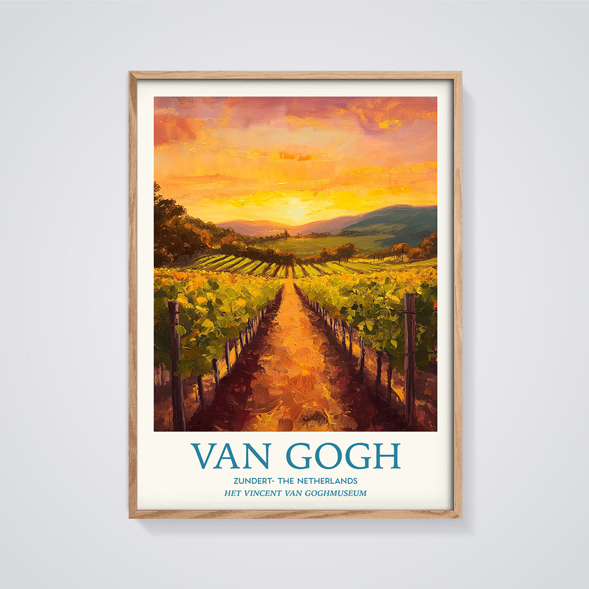 Van Gogh Sunset Vineyard Print framed in oak on a grey background