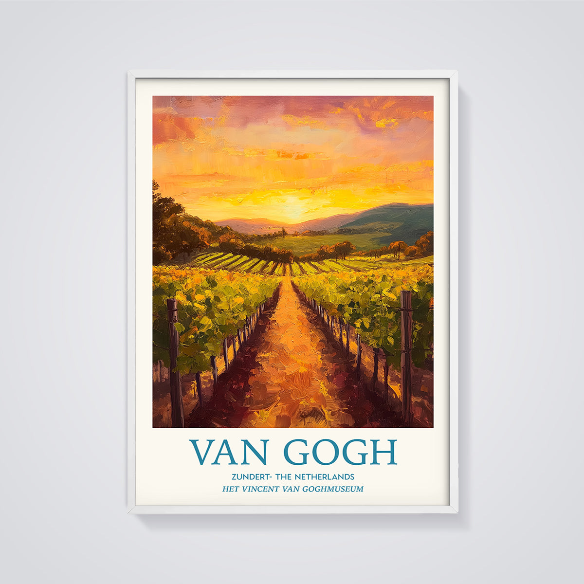 Van Gogh Sunset Vineyard Print framed in white on a grey background