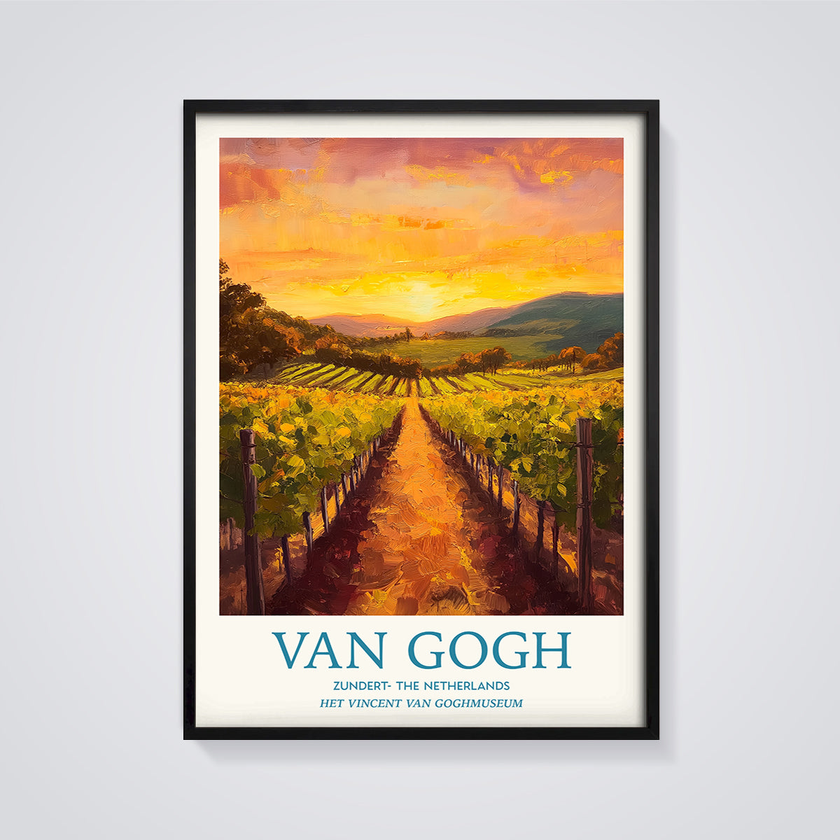 Van Gogh Sunset Vineyard Print framed in black on a grey background