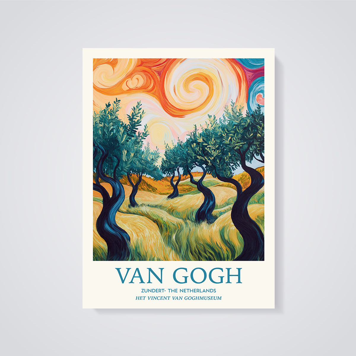 Van Gogh Swirling Sky Trees Print unframed on a grey background
