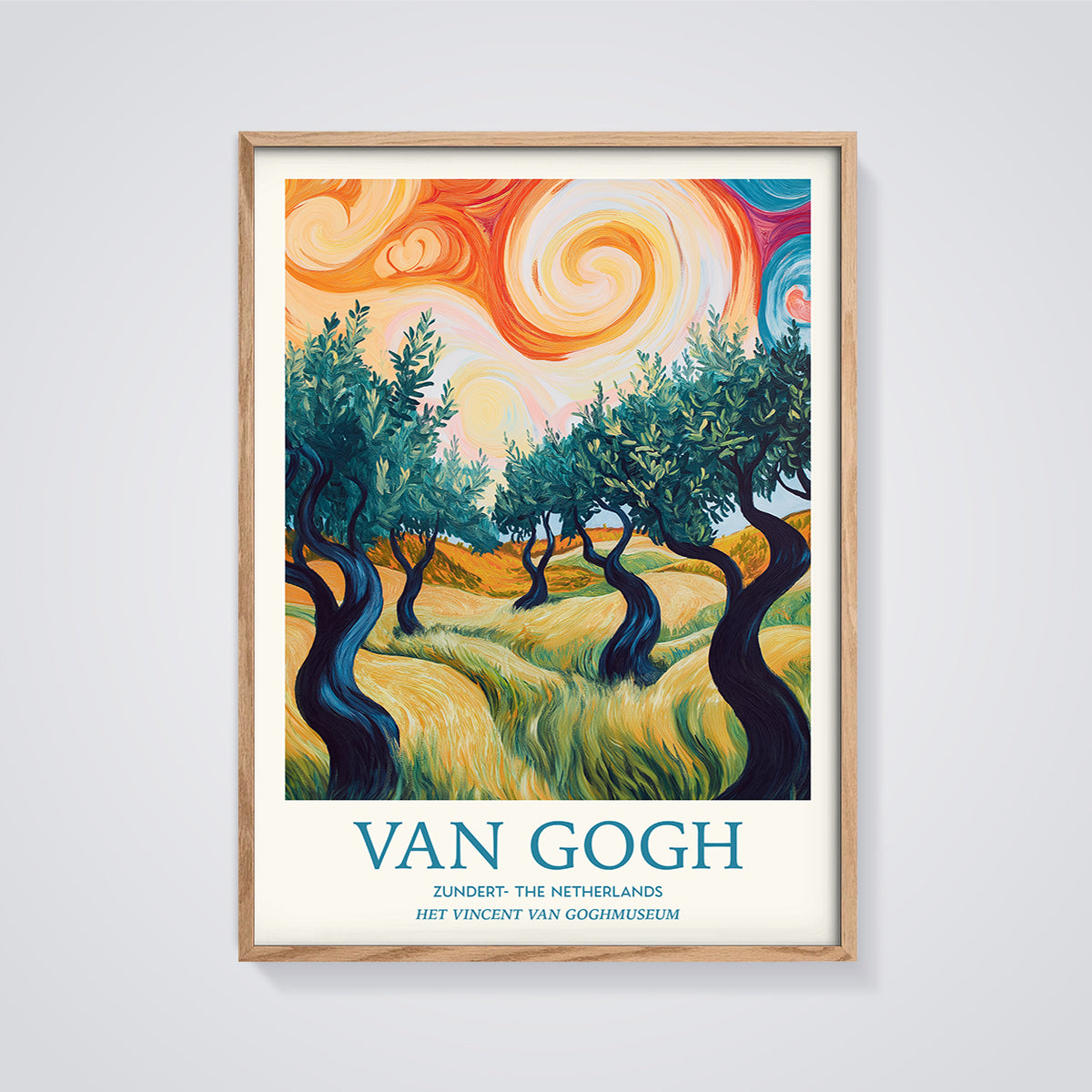 Van Gogh Swirling Sky Trees Print framed in oak on a grey background