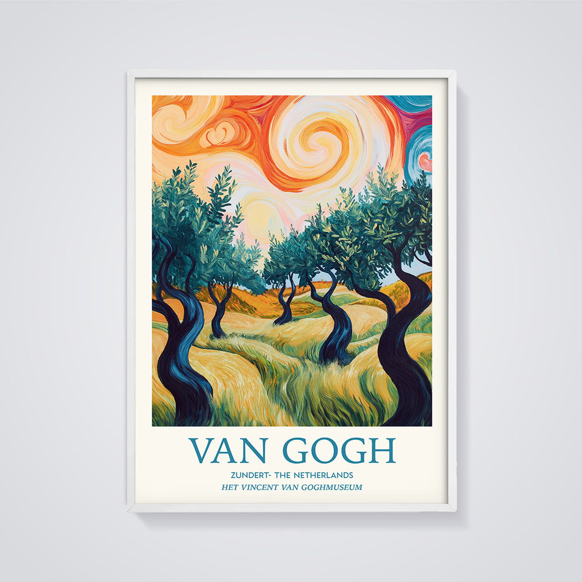 Van Gogh Swirling Sky Trees Print framed in white on a grey background