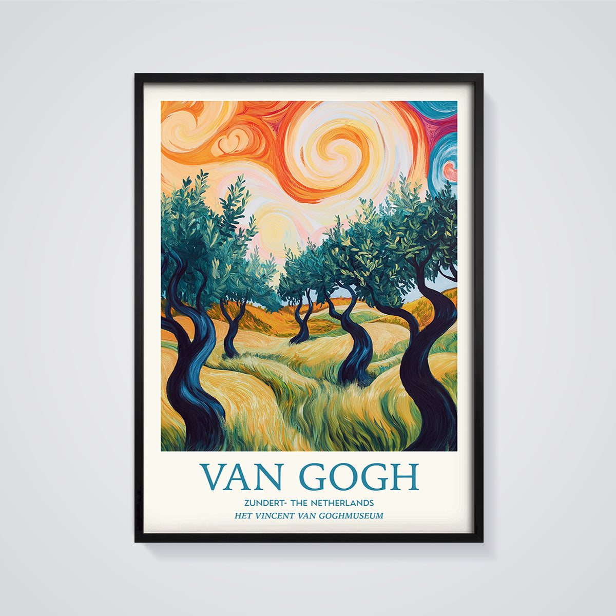 Van Gogh Swirling Sky Trees Print framed in black on a grey background