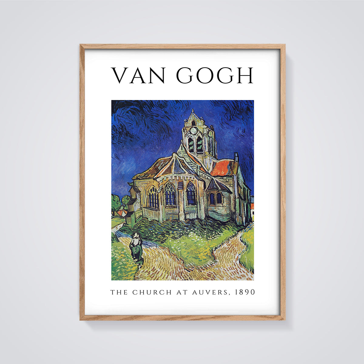 Van Gogh The Church at Auvers Print framed in oak on a grey background