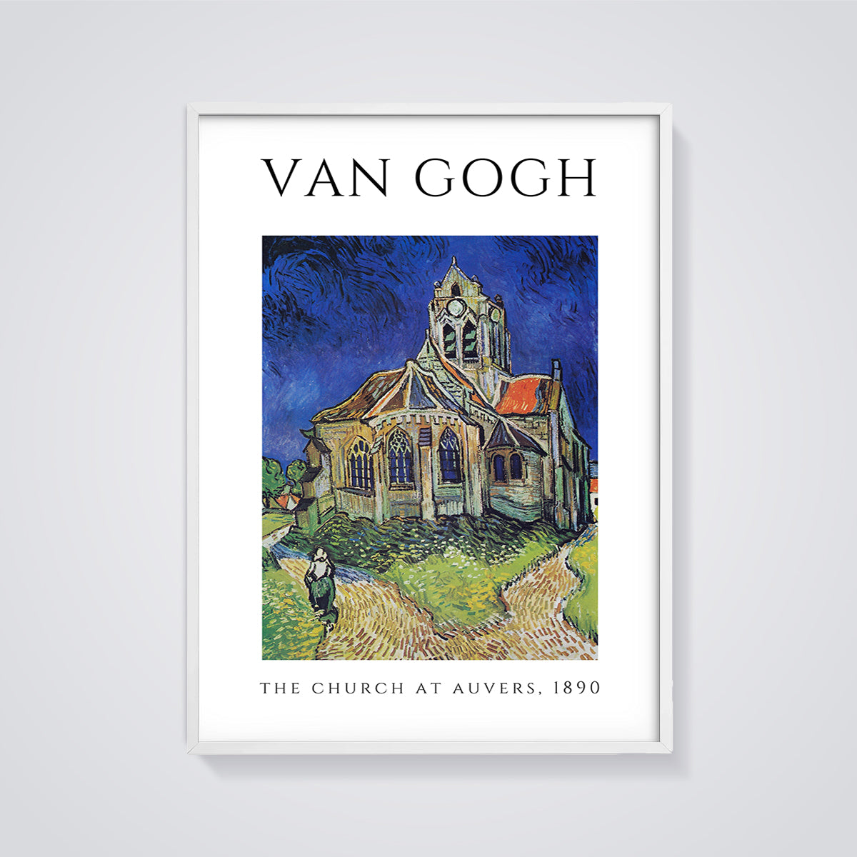 Van Gogh The Church at Auvers Print framed in white on a grey background
