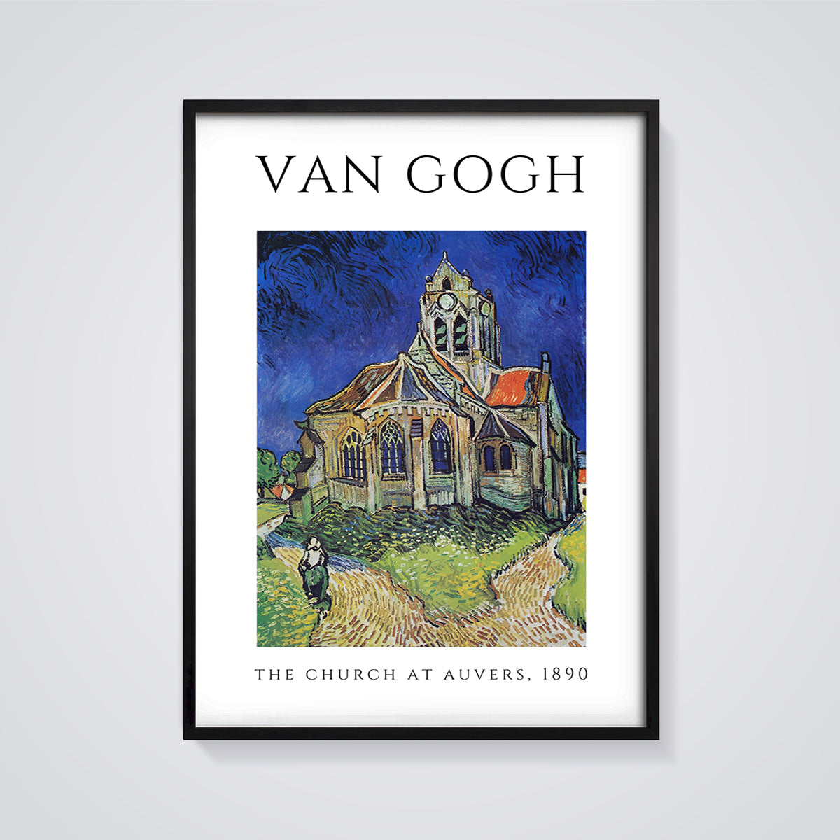 Van Gogh The Church at Auvers Print framed in black on a grey background