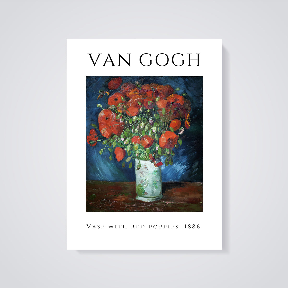 Van Gogh Vase with Red Poppies Print unframed on a grey background