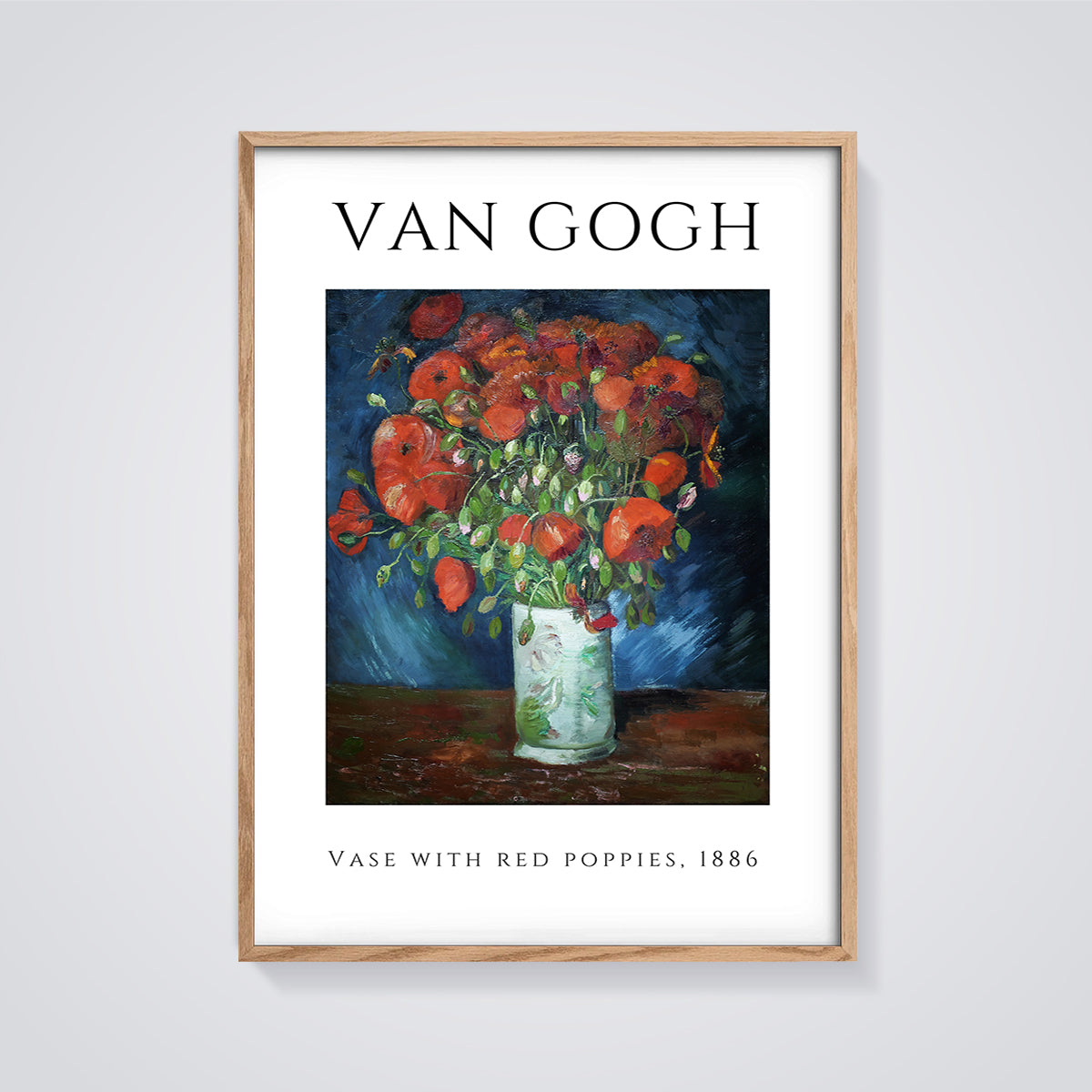 Van Gogh Vase with Red Poppies Print framed in oak on a grey background