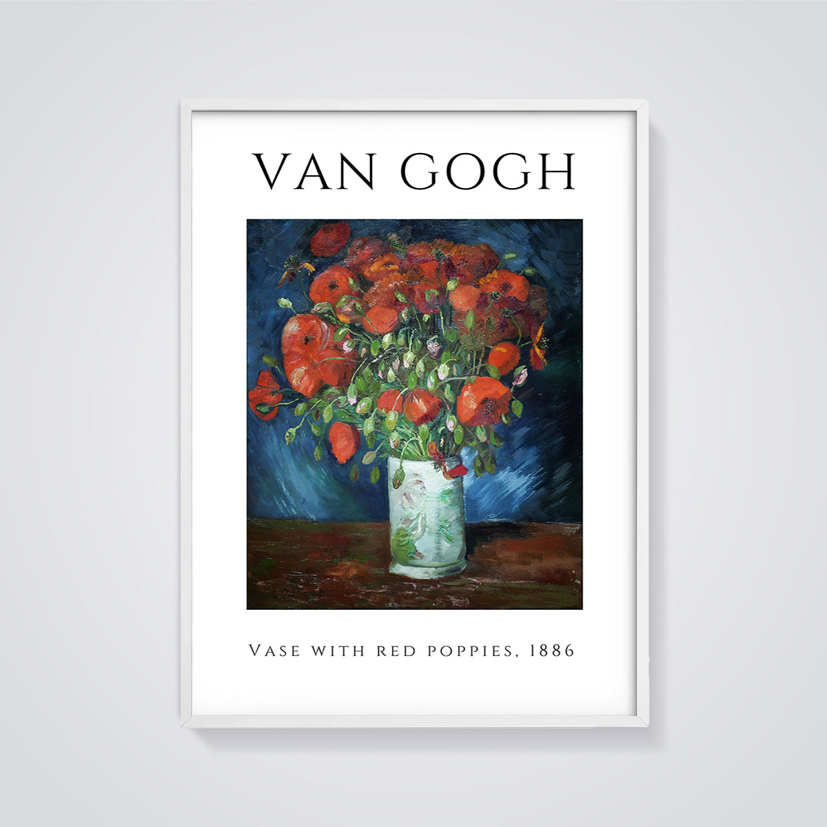 Van Gogh Vase with Red Poppies Print framed in white on a grey background