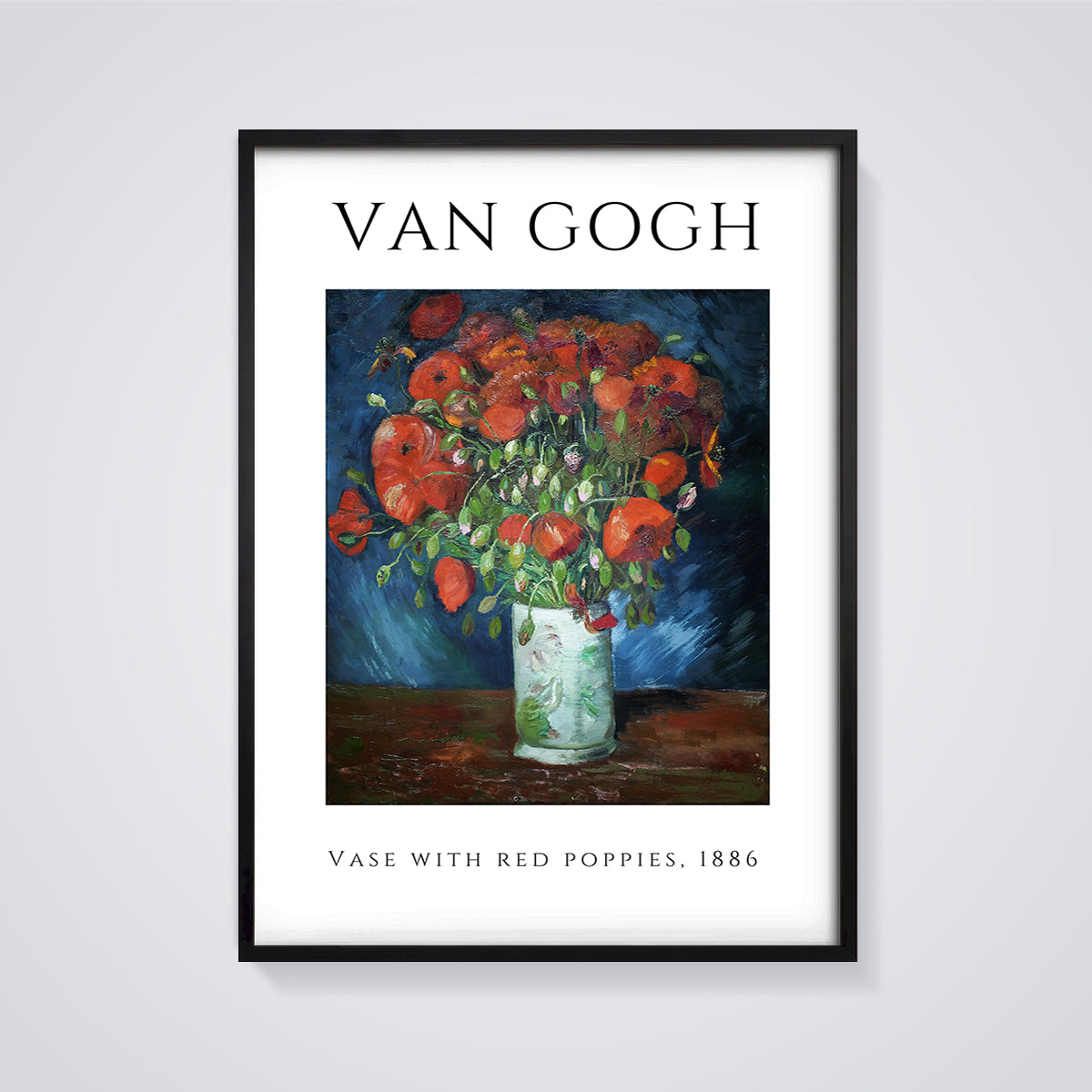 Van Gogh Vase with Red Poppies Print framed in black on a grey background