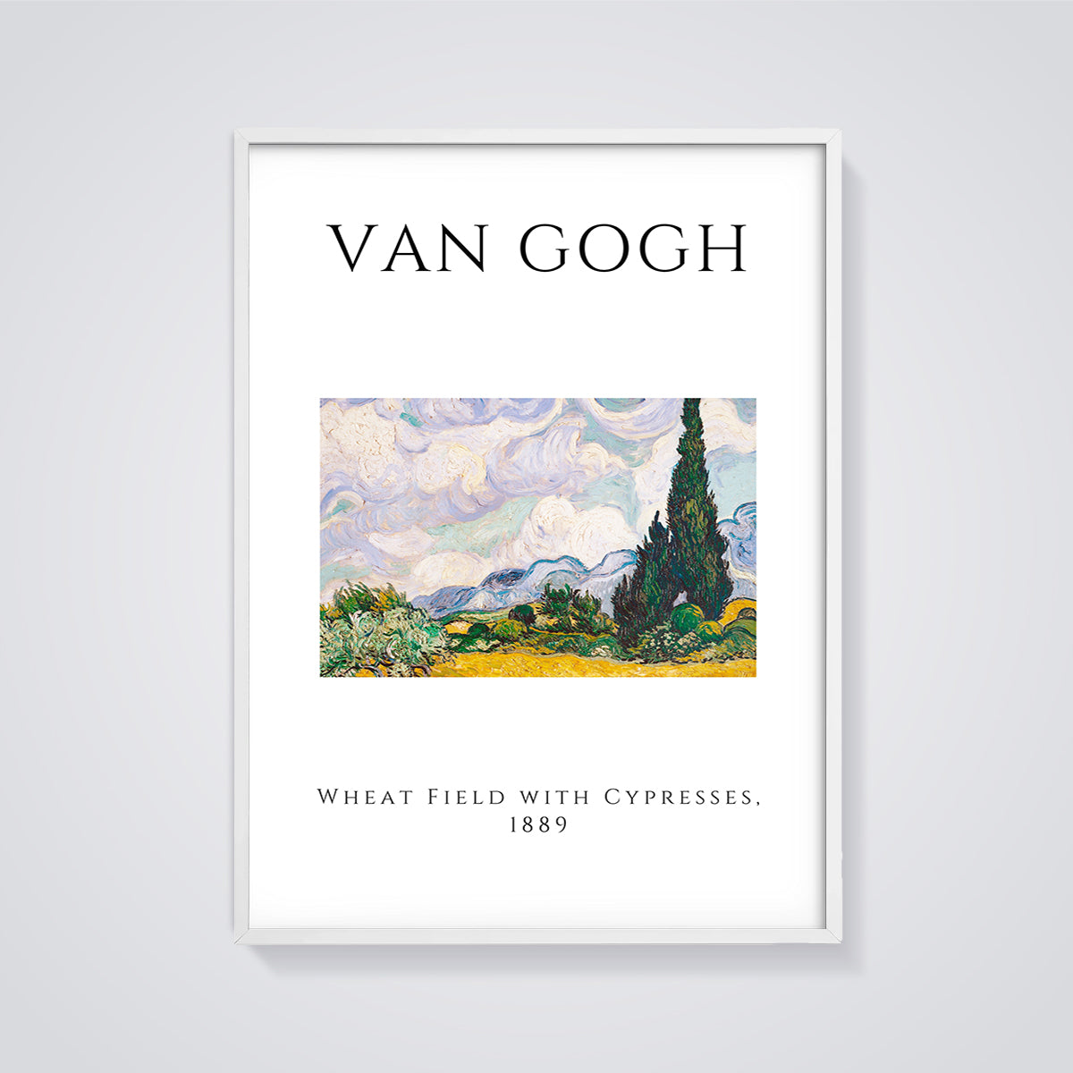 Van Gogh Wheat Field with Cypresses Print framed in white on a grey background