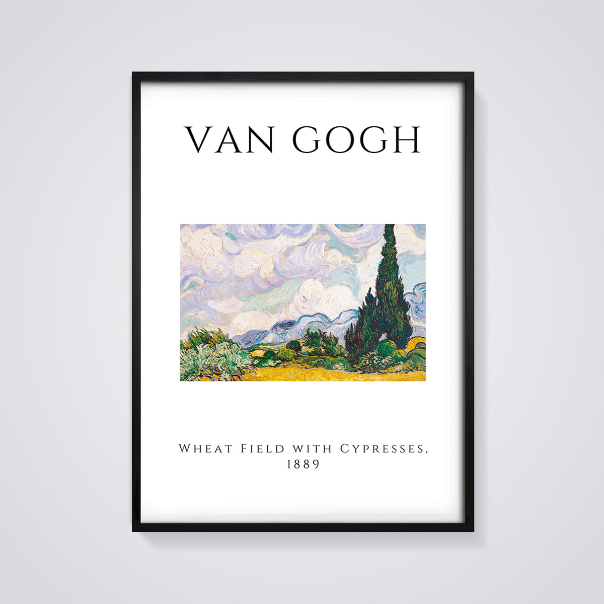Van Gogh Wheat Field with Cypresses Print framed in black on a grey background