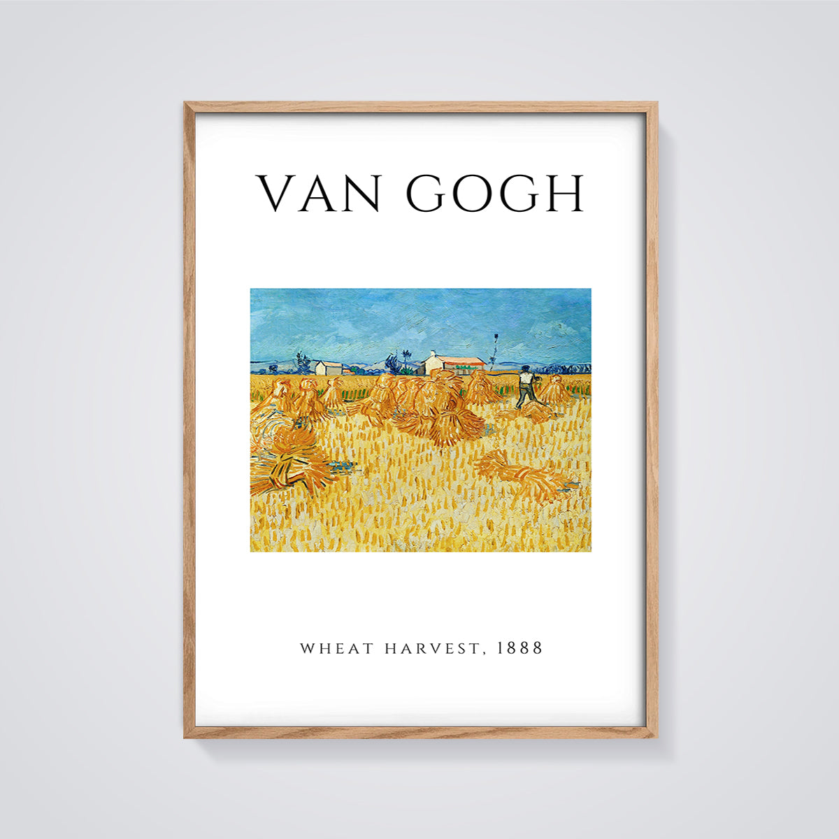 Van Gogh Wheat Harvest Print framed in oak on a grey background