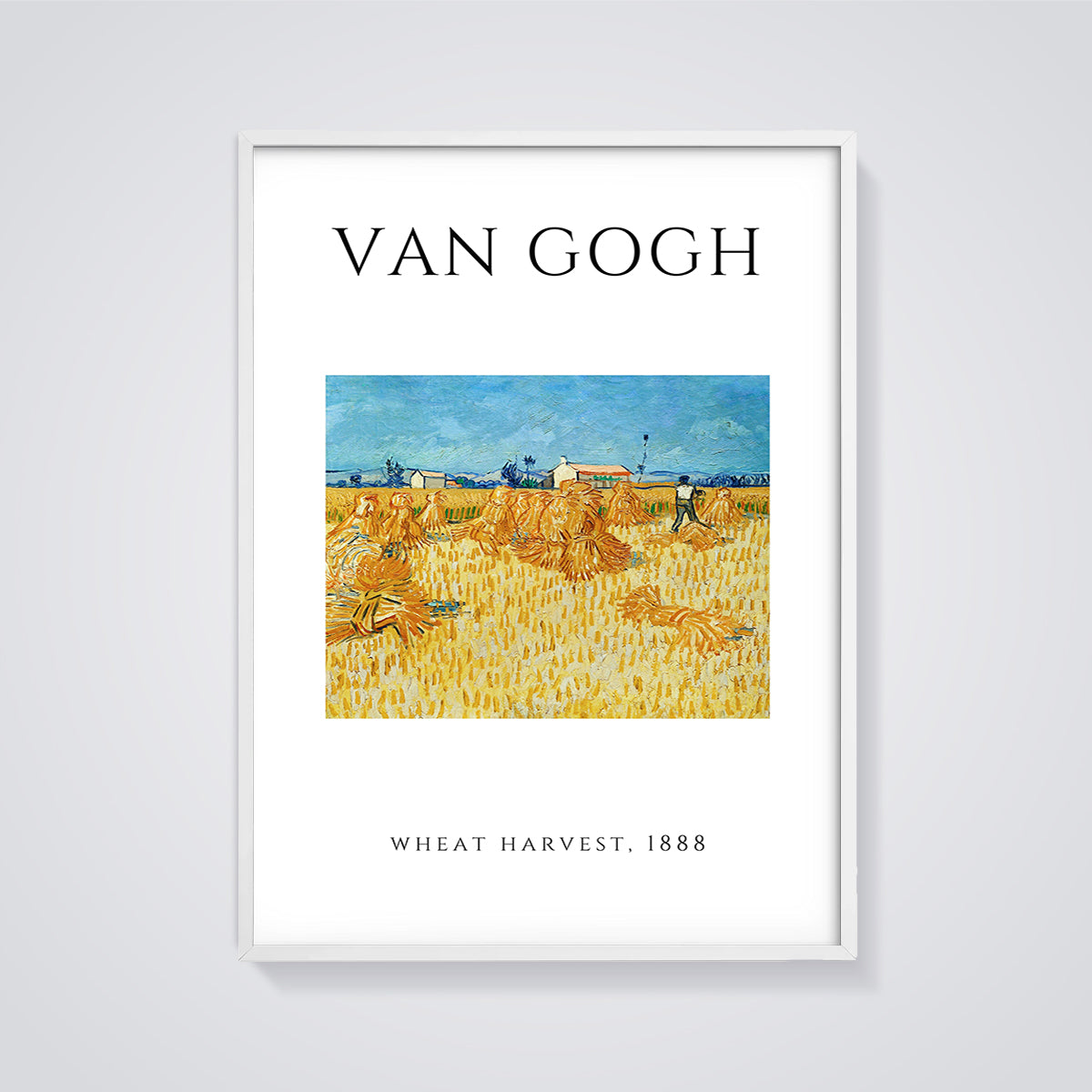 Van Gogh Wheat Harvest Print framed in white on a grey background