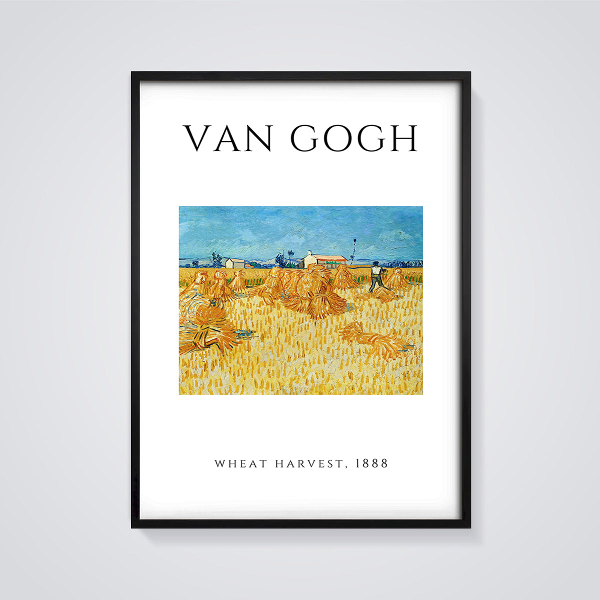 Van Gogh Wheat Harvest Print framed in black on a grey background