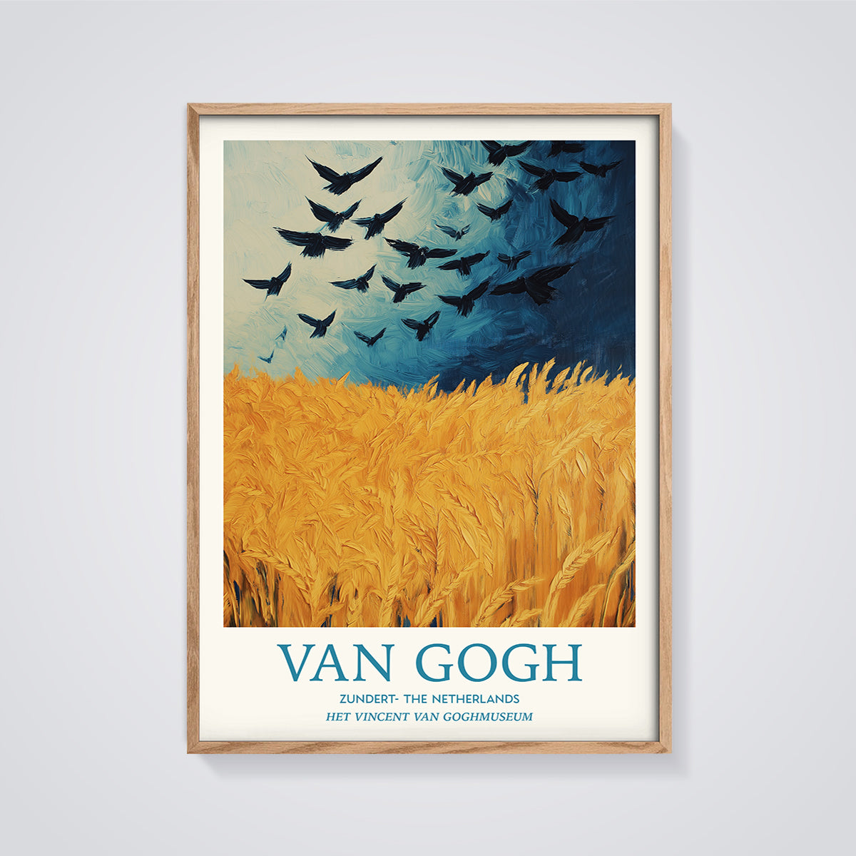 Van Gogh Wheatfield with Crows Print framed in oak on a grey background