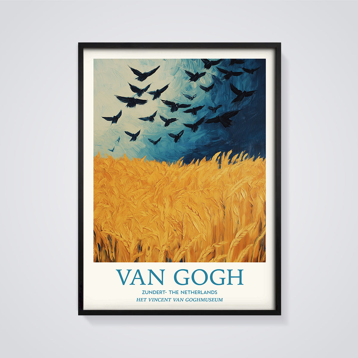 Van Gogh Wheatfield with Crows Print framed in black on a grey background