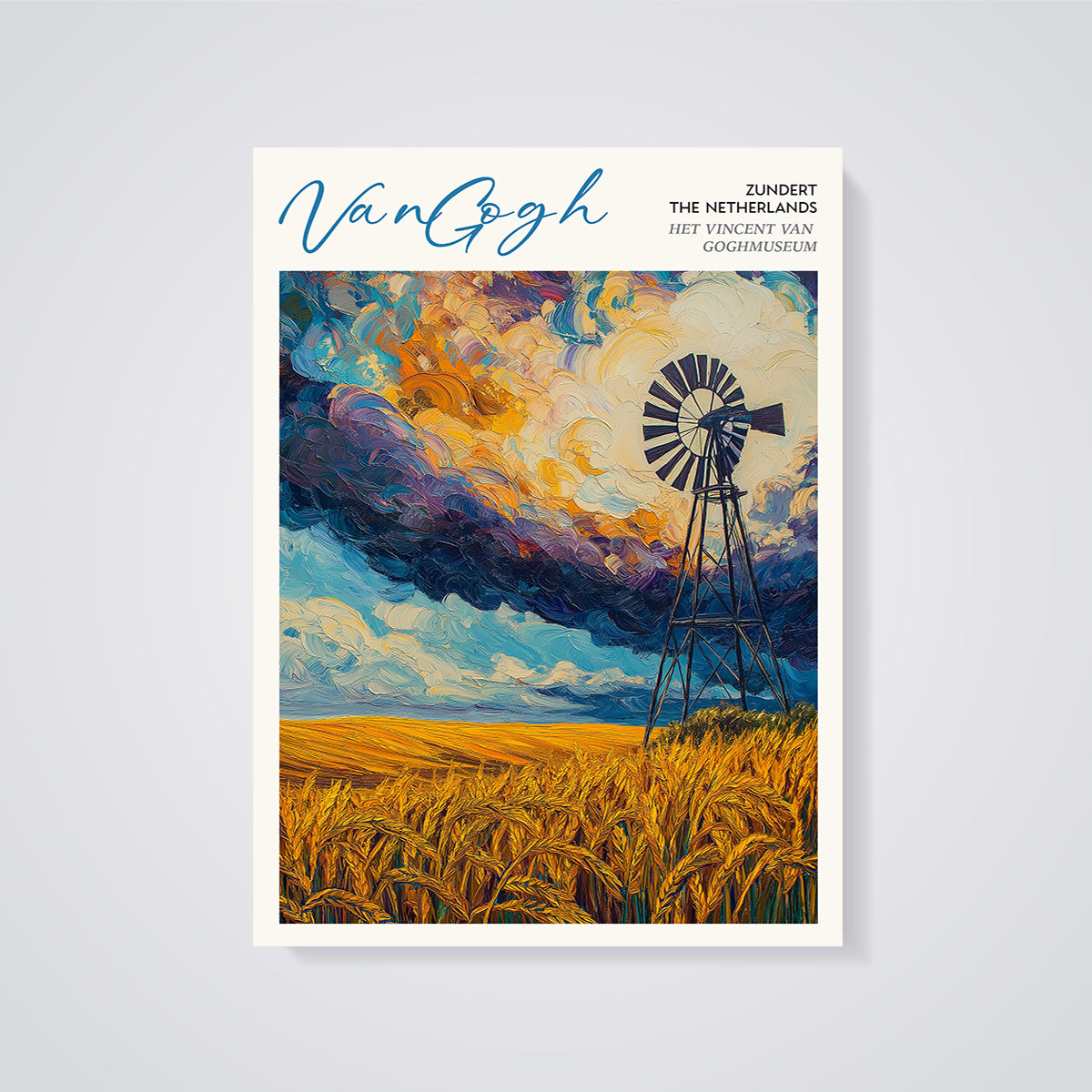 Van Gogh Windmill Wheat Field Print unframed on a grey background