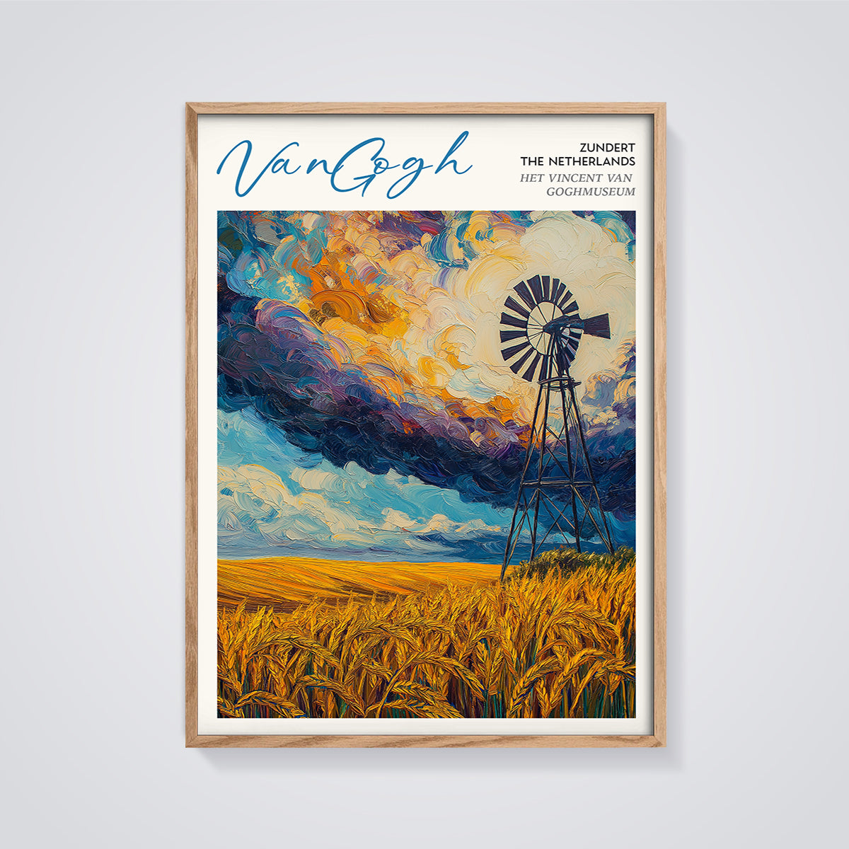Van Gogh Windmill Wheat Field Print framed in oak on a grey background