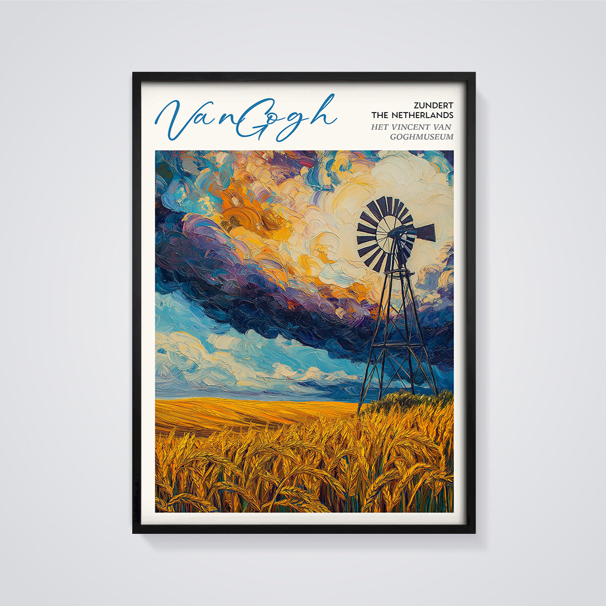 Van Gogh Windmill Wheat Field Print framed in black on a grey background